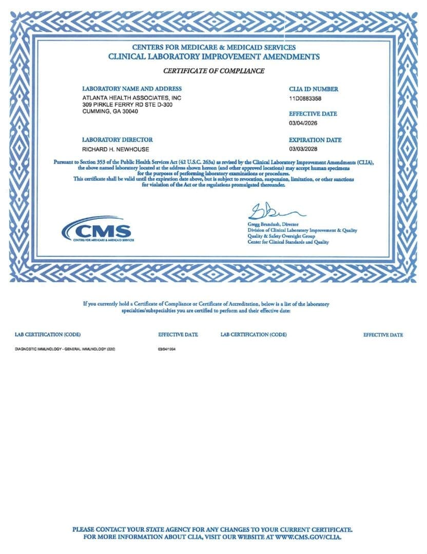 Certificate of Compliance for a laboratory.